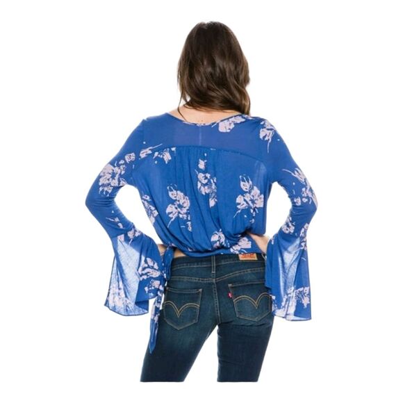 FREE PEOPLE Fiona Wrap Top, Boho, Blue Cobalt, XSmall, Bell Long Sleeves - Picture 2 of 16